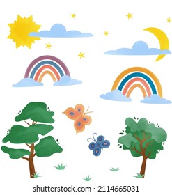 Watercolor elements. Trees, rainbow, butterflies, clouds, sun, moon, stars, grass.