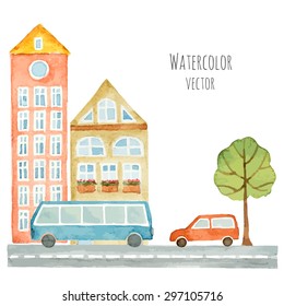 Watercolor elements of urban design, houses, cars, vector illustration.