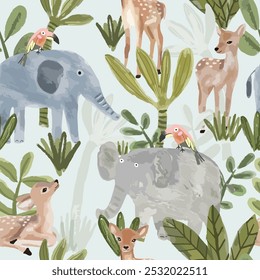 Watercolor elephant deer and hornbill bird in greenery forest seamless background