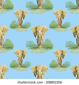 Watercolor elephant seamless pattern on blue background vector illustration