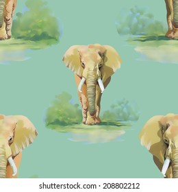 Watercolor elephant seamless pattern on green background vector illustration
