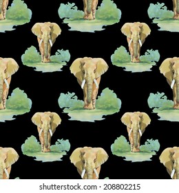 Watercolor elephant seamless pattern on black background vector illustration