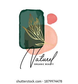 Watercolor emerald green abstract painting. Modern deep coral Pastel minimal gentle design. Organic branding creative icons with gold frame. Elegant Skin product  logo design, vector 