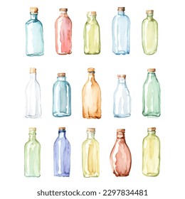 watercolor empty glass bottle Isolated hand drawn painting vector illustration