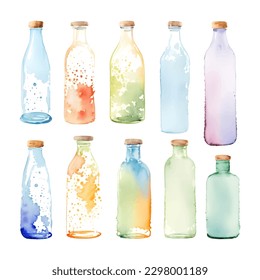 watercolor empty glass bottle Isolated hand drawn painting vector illustration