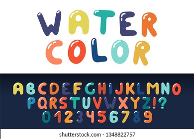 Watercolor english creative alphabet. Vibrant funky font. Colorful latin letters and numerals