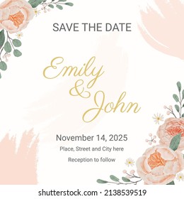 watercolor english orange peach rose wedding invitation square card background template digital painting