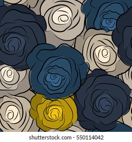 Watercolor English roses seamless pattern. Watercolor painting with Rose flowers in beige, blue and yellow colors. Vector illustration.