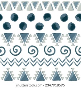 Watercolor ethnic abstract boho pattern art. Hand drawn illustration. Seamless background in tribal, folk, and Mexican style. Design for carpet, clothing, wrapping, fabric, cover, textile