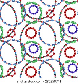 Watercolor Ethnic Beaded Necklace pattern on white background. Watercolor Boho Style texture. Cloth & rug design. Red, Green, Blue & White vector backdrop.