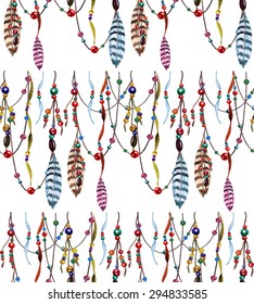 Watercolor Ethnic Feather, Ribbon & Bead pattern on white background. Watercolor Boho Style texture. Cloth design. Brown, Grey, Pink & White vector backdrop.