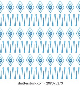 Watercolor ethnic seamless pattern. Aztec geometric background. Hand drawn blue pattern. Modern abstract wallpaper. Vector illustration. 