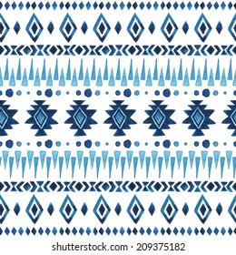 Watercolor ethnic seamless pattern. Aztec geometric background. Hand drawn blue pattern. Modern abstract wallpaper. Vector illustration. 