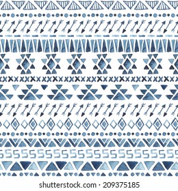 Watercolor Ethnic Seamless Pattern. Aztec Geometric Background. Hand Drawn Blue Pattern. Modern Abstract Wallpaper. Vector Illustration. 