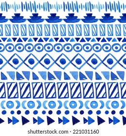 Watercolor ethnic seamless pattern. Aztec geometric background. Hand drawn blue pattern. Scandinavian pattern. Modern abstract wallpaper. Vector illustration. 