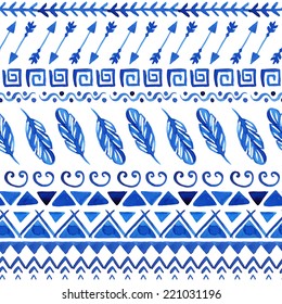 Watercolor ethnic seamless pattern. Aztec geometric background. Hand drawn blue pattern. Scandinavian pattern. Modern abstract wallpaper. Vector illustration. 