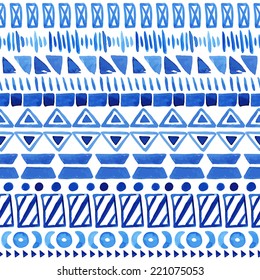 Watercolor ethnic seamless pattern. Aztec geometric background. Hand drawn blue pattern. Scandinavian pattern. Modern abstract wallpaper. Vector illustration. 