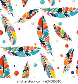 Watercolor ethnic seamless pattern in native style with beads and feathers.