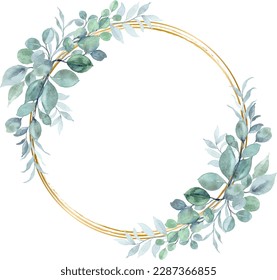 Watercolor eucalyptus leaves with gold circle for wedding, birthday, card, background, invitation, wallpaper, sticker, decoration etc.
