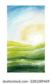 Watercolor evening landscape. Simple vertical aquarelle abstract sketch with sun setting in red windy sky over winding river and forest. Hand painted modern scenery illustration in vivid colors