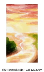 Watercolor evening landscape. Simple vertical aquarelle abstract sketch with sun setting in red windy sky over winding river and forest. Hand painted modern scenery illustration in vivid colors