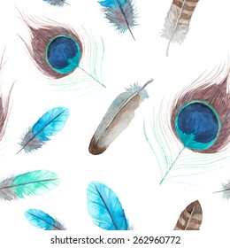 Watercolor exotic feathers seamless pattern. Hand painted texture. Vector repeating background