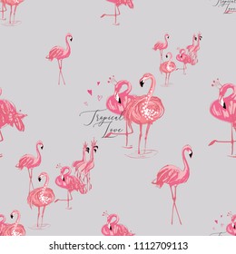 Watercolor exotic flamingo pattern. Seamless background with hand drawn pink flamingo birds, couple and single. Fashionable vector backdrop.