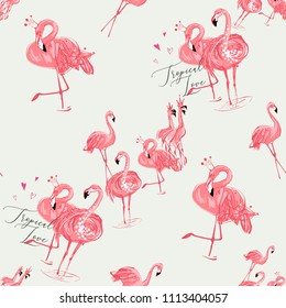 Watercolor exotic flamingo pattern. Seamless background with hand drawn pink flamingo birds, couple and single. Fashionable vector backdrop.