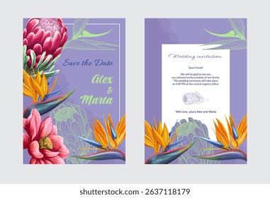 Watercolor Exotic Floral Design for Packaging  Wedding Invitations. Elegant watercolor compositions with tropical flowers on a dark base. Ideal for unique product packaging, wedding stationery