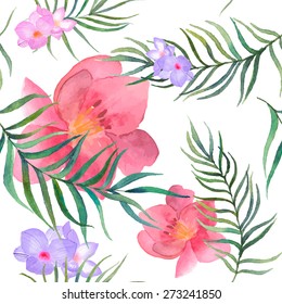 Watercolor exotic flowers and palm tree leaves pattern. Seamless texture with hibiscus, freesia flower, tropic plants elements on white background. Summer hand drawn wallpaper in vector