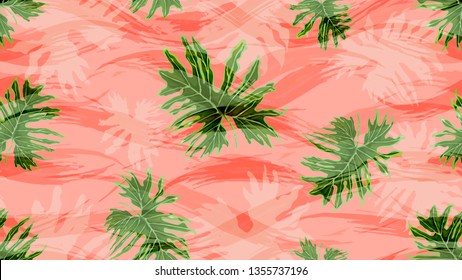 Watercolor exotic tropic plants. Monstera, palm tree, liana. Handmade seamless pattern. Design element for packaging, textile, wallpaper, cover.