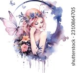 Watercolor Fairy with Flowers Clipart