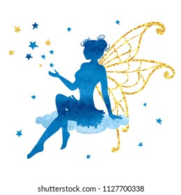 Watercolor fairy with stars. Vector illustration isolated on white.