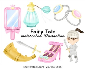 Watercolor Fairy Tale Illustration: Featuring Magic Mirror, Perfume Bottle, Rings, Knight, Horn, Sword, and Princess Shoes for Fantasy-Themed Designs, Storybook Projects, and Creative Art