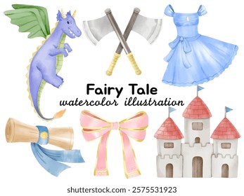 Watercolor Fairy Tale Illustration: Featuring Dragon, Double Axes, Princess Dress, Castle, Scroll, and Ribbon Bow for Fantasy-Themed Projects, Storybook Designs, and Magical Creative Art