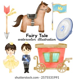 Watercolor Fairy Tale Illustration: Featuring Princess, Prince, Horse, Carriage, Shield, Flag, Arrow, and Shovel for Fantasy-Themed Storybook Designs, Royal Art, and Magical Creative Project