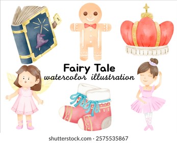 Watercolor Fairy Tale Illustration: Featuring Magic Book, Gingerbread Man, Crown, Fairy, Ballet Dancer, and Winter Boots for Enchanted Storybook Designs, Fantasy Art, and Creative Projects