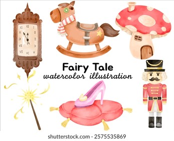 Watercolor Fairy Tale Illustration: Featuring Clock, Rocking Horse, Magic Wand, Mushroom House, Cinderella’s Glass Slipper, and Nutcracker for Fantasy-Themed Storybook Designs and Creative Projects