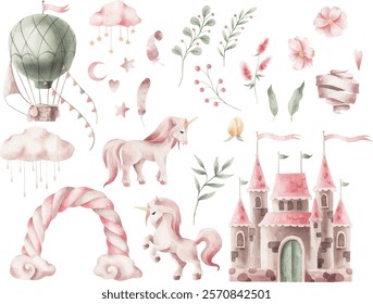 Watercolor fairytail vector set of unicorns and air baloon and castle.