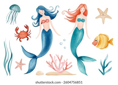 Watercolor fairytale sea characters. Cute mermaids, fish, crab. Water inhabitants. Hand drawn underwater sea life