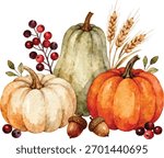 Watercolor Fall Harvest Composition with Pumpkins, Acorns, Berries, and Wheat Sprigs