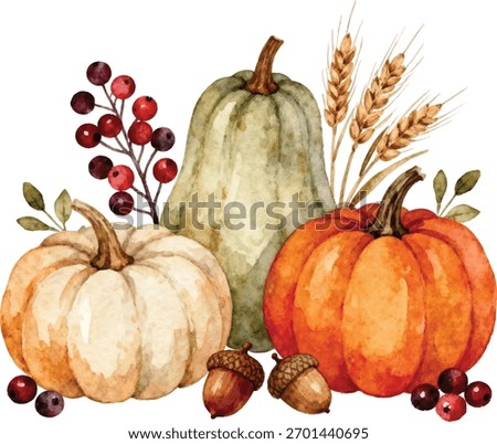Watercolor Fall Harvest Composition with Pumpkins, Acorns, Berries, and Wheat Sprigs