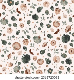 Watercolor Fall seamless pattern with pumpkins on cream background, Autumn pattern with leaves, foliage, watercolor wrapping paper, pattern fills, Thanksgiving, web page background.