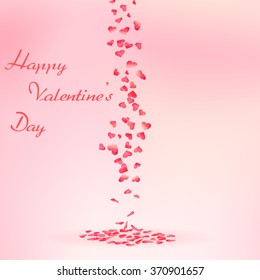 Watercolor falling down hearts on soft blur red romantic background. Happy Valentines Day.