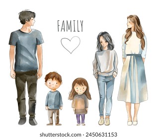 La familia de acuarelas está de pie. Padres e hijos aislados. Ilustración vectorial mujer, hombre, niños