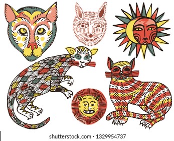 Watercolor fantasy animals collection isolated on white. Cats, lion's head, Sun and Moon in folk style. Vector ethnic hand drawn primitive set.