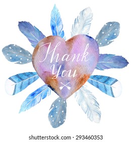 Watercolor fantasy card, can be used for valentines cards. Hand drawn label with different feathers