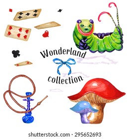 Watercolor Fantasy Caterpillar, Hookah with Smoke, Mushrooms, Playing cards & Bow, isolated on white background. Alice In Wonderland vintage collection. Vector Elements for your design. 