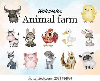 Watercolor Farm Animal Collection Cute Cartoon Animals