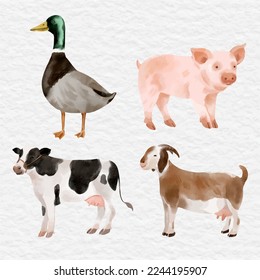 watercolor farm animal element clip art collection